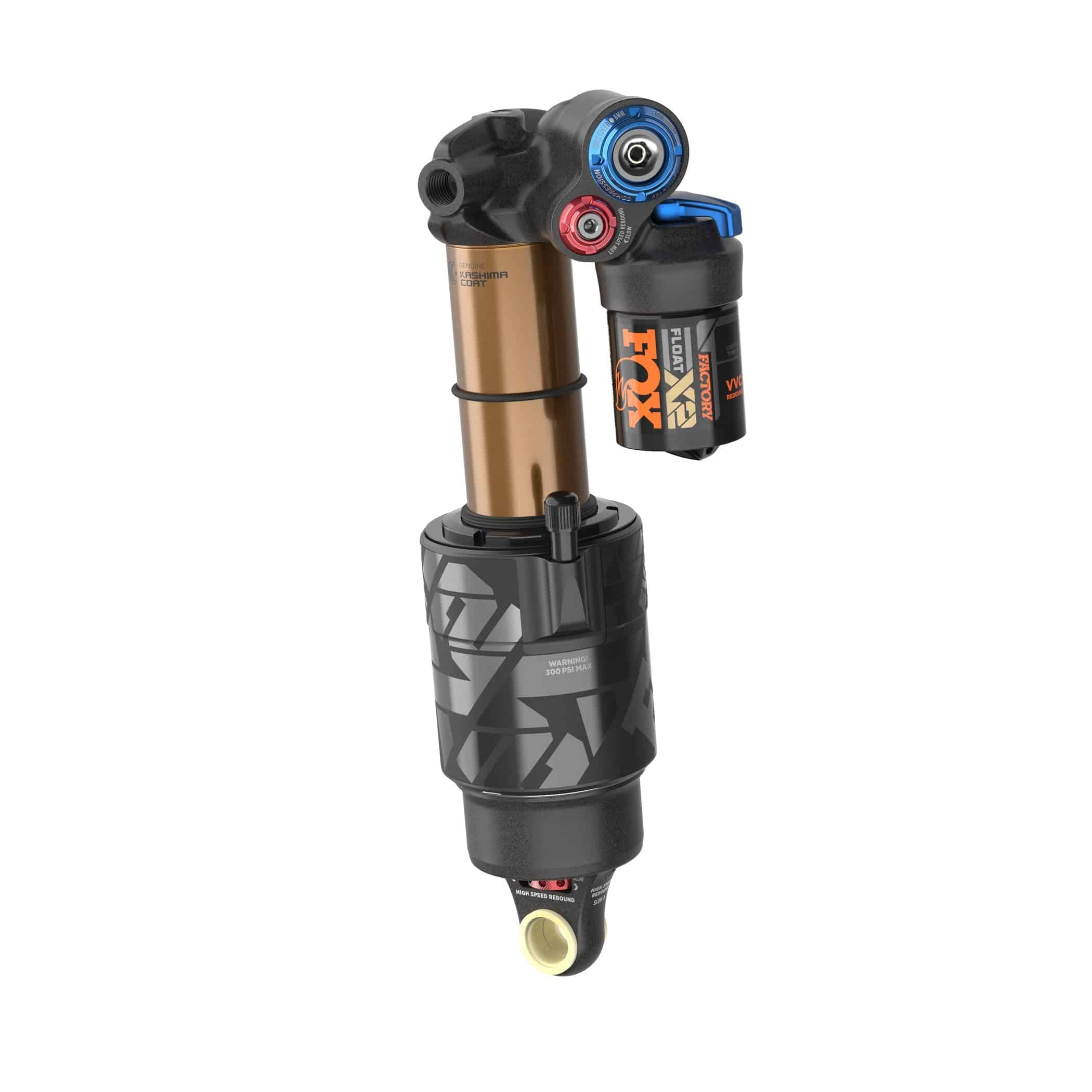 Fox Float X2 Factory mountain bike rear shock with 2-position adjustable damping, showcasing the high-performance suspension component.
