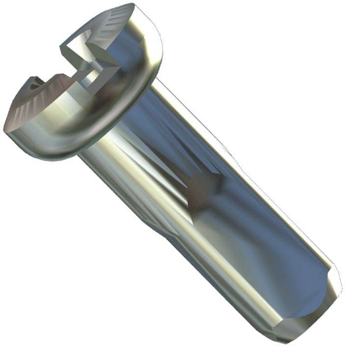 Silver Sapim Polyax 12mm brass bicycle wheel nipples, durable components for bike wheel assembly, shown in the image.