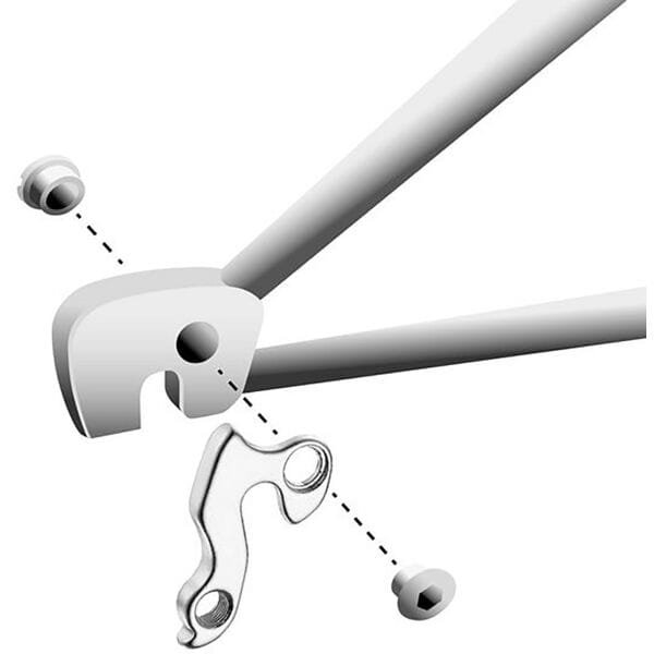 M Part gear hanger for bikes, durable replacement component compatible with various bike brands, shown attached to a bicycle frame.