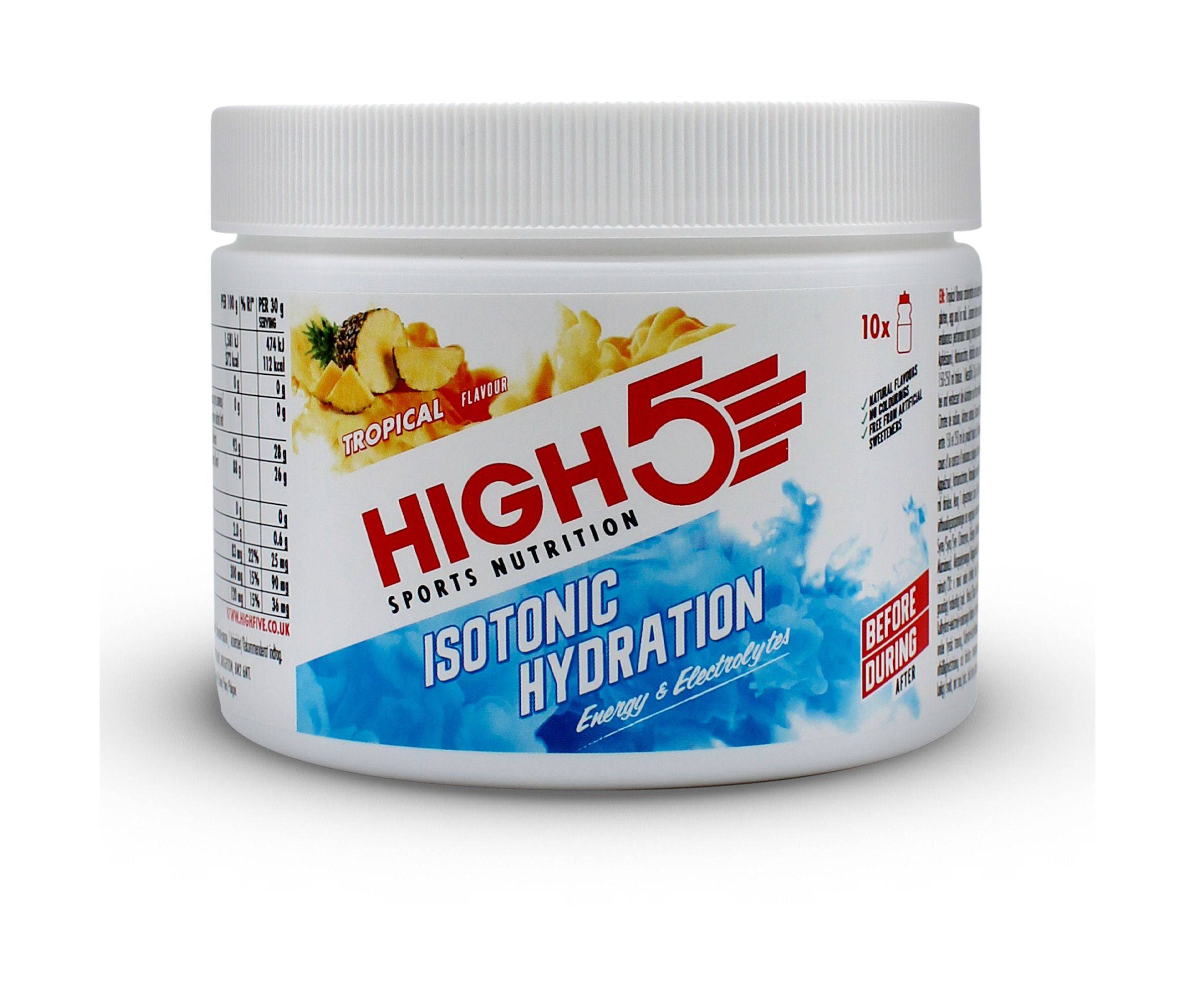High5 isotonic hydration drink tub with electrolyte and energy support, showing the colorful tub of sports electrolyte supplement.