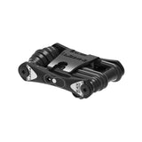 Lezyne Rap II multi-tool for bike repair with magnetic quick-link holder, featuring various repair tools in a compact workshop setup.