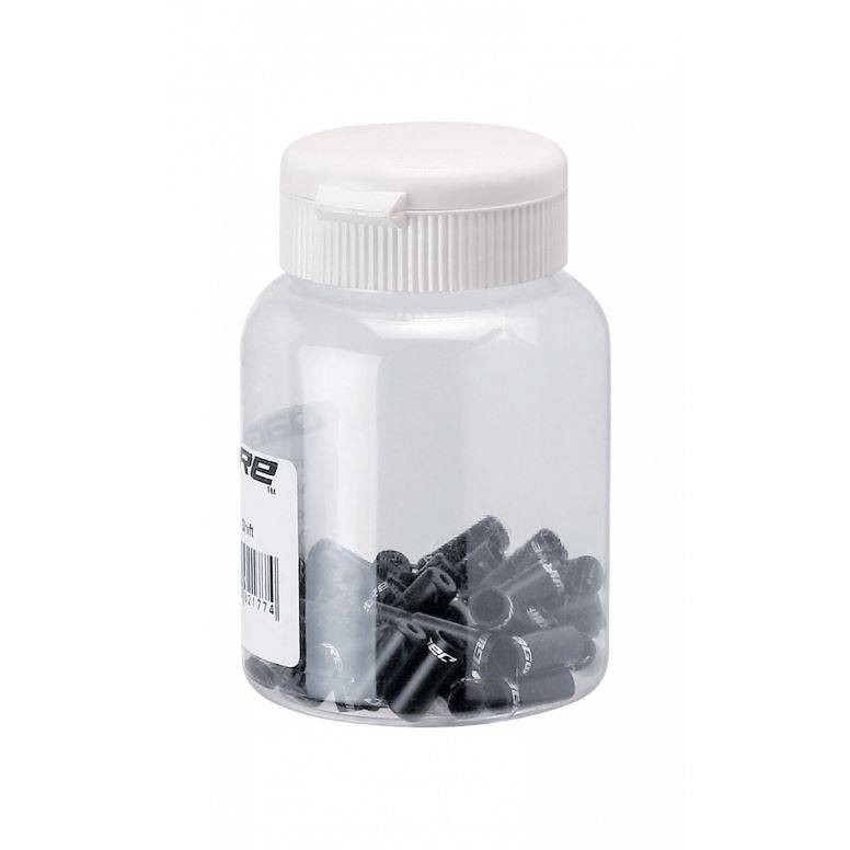 Jagwire black 4mm open end caps for shift cables, alloy components, shown in a 50-pack for smooth gear shifting performance.