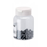 Jagwire black 4mm open end caps for shift cables, alloy components, shown in a 50-pack for smooth gear shifting performance.