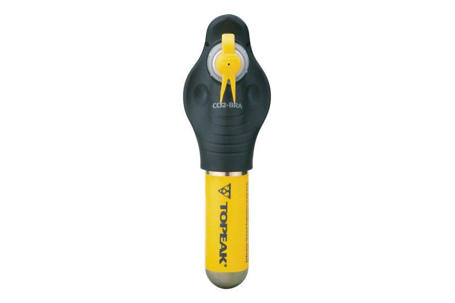 Topeak CO2-Bra bike tire inflator in black and yellow, compact and durable accessory for quick tire inflation.