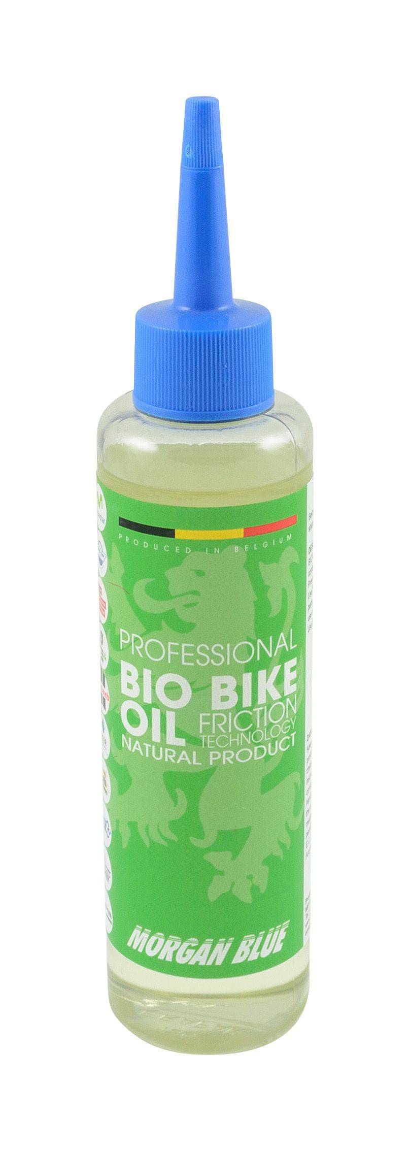 Morgan Blue Bio Bike Oil with Friction Technology in 125cc bottle, eco-friendly lubricant for bike chains and drivetrains.