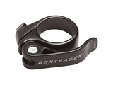 Bontrager quick release seatpost clamp with laser-etched torque guide, bike components for secure saddle attachment.