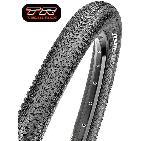 Maxxis Pace XC cross-country racing tubeless-ready tire with EXO protection, shown mounted on a bike wheel for off-road riding.