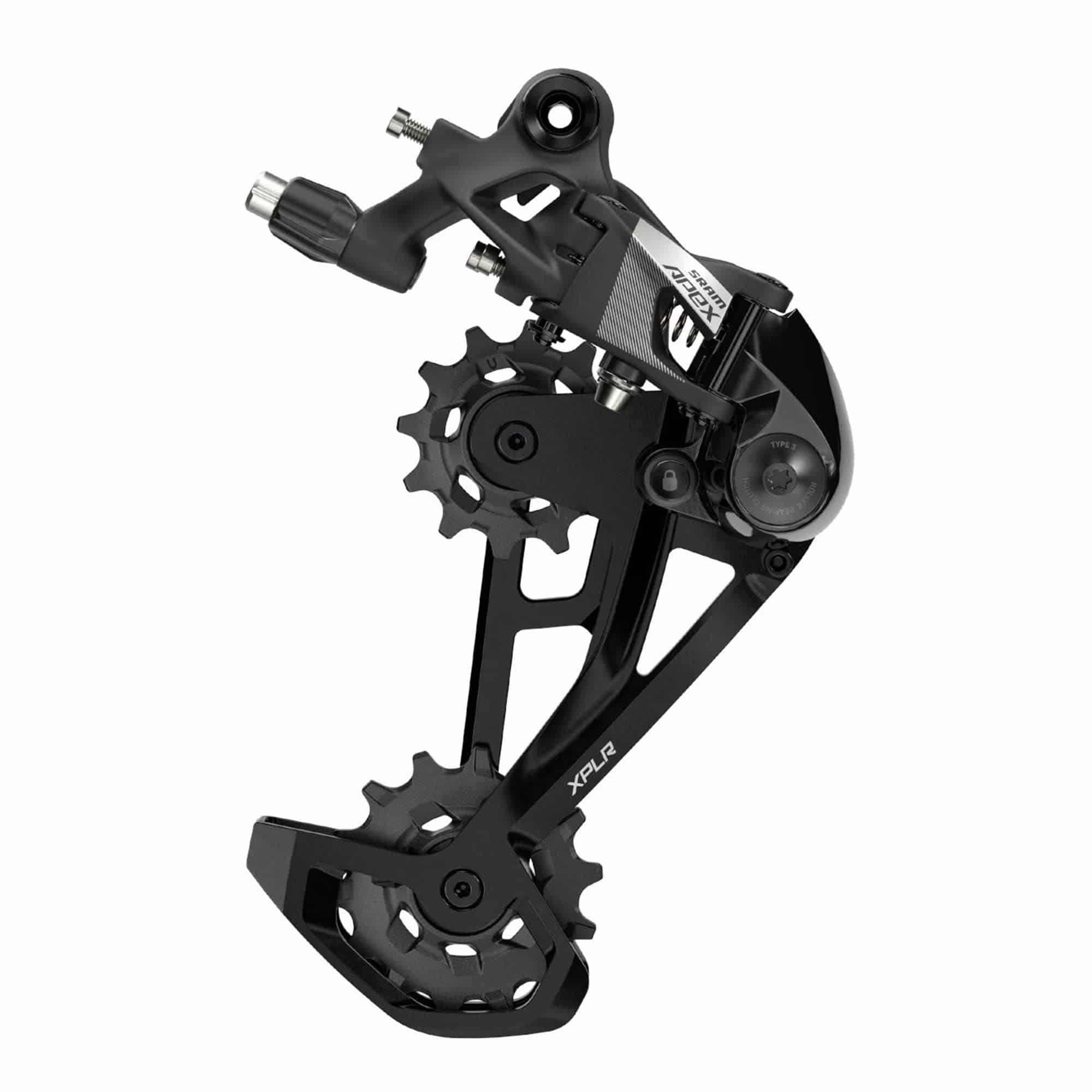 SRAM APEX XPLR 12-speed mechanical rear derailleur with max 44T capacity for 1x bike drivetrains, close-up view of the component.