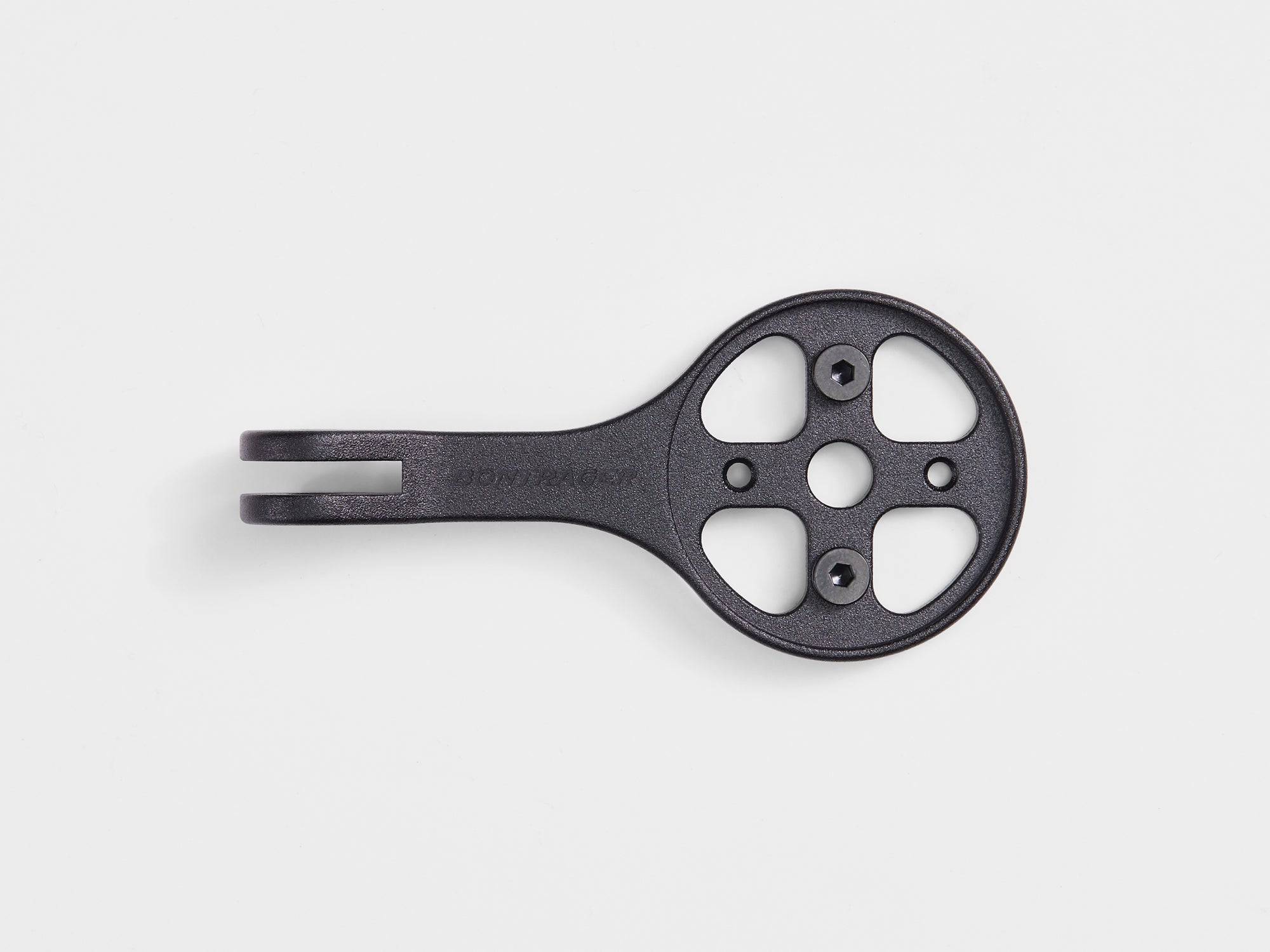 Black Bontrager Pro Blendr Alloy bike computer mount, compatible accessories, designed for secure attachment to handlebars.