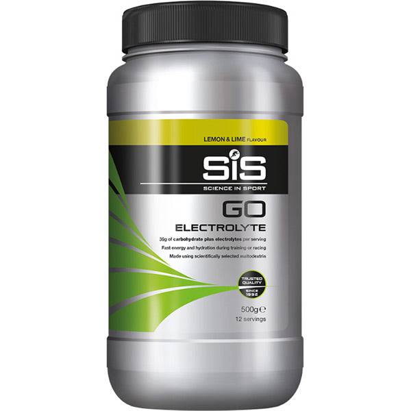Science In Sport GO Electrolyte Drink Powder Lemon Lime in a container, designed for hydration and energy boost during physical activity.