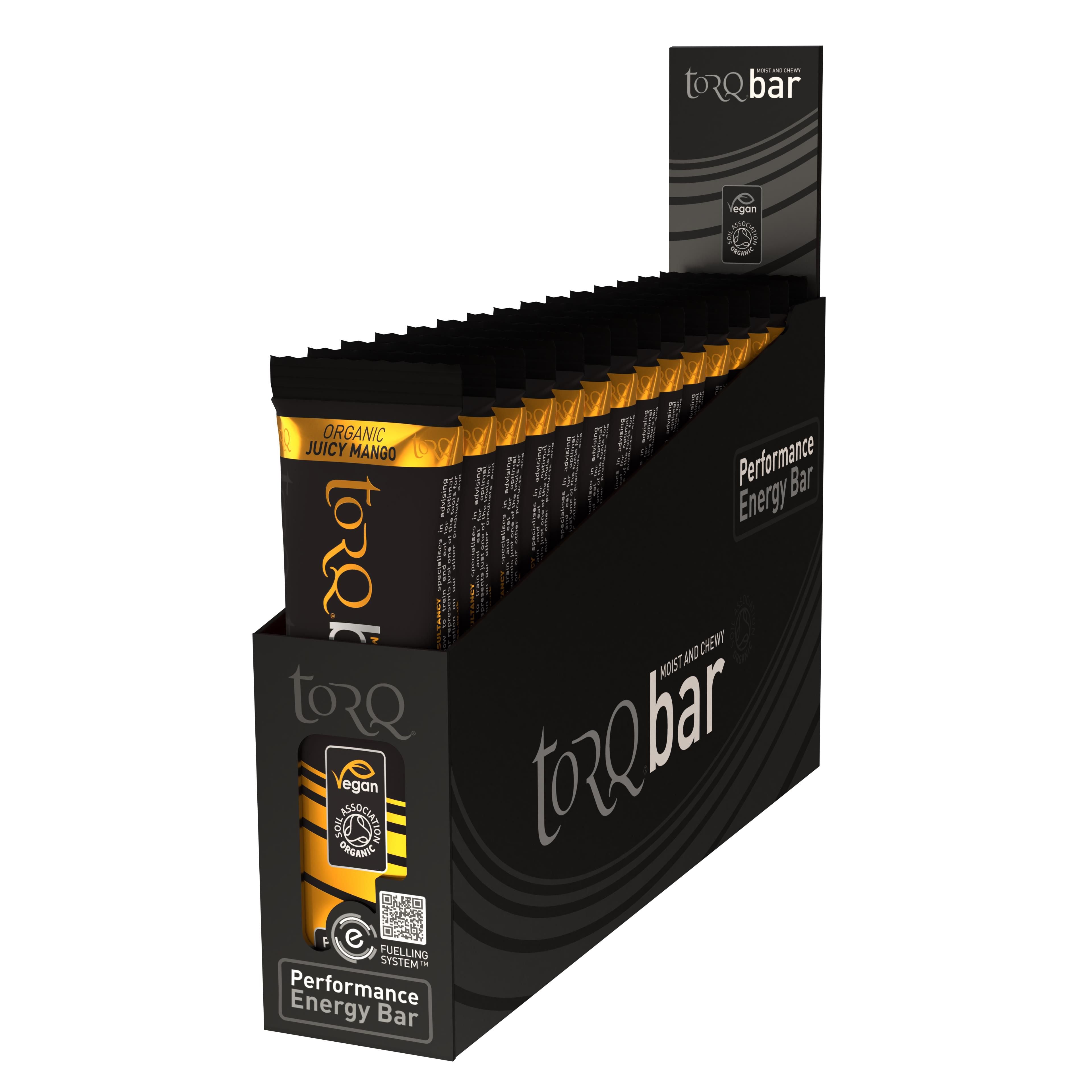 TORQ Organic Energy Bar Juicy Mango, vegan and fairly traded endurance fuel with fresh mango flavor, shown as a packaged snack.
