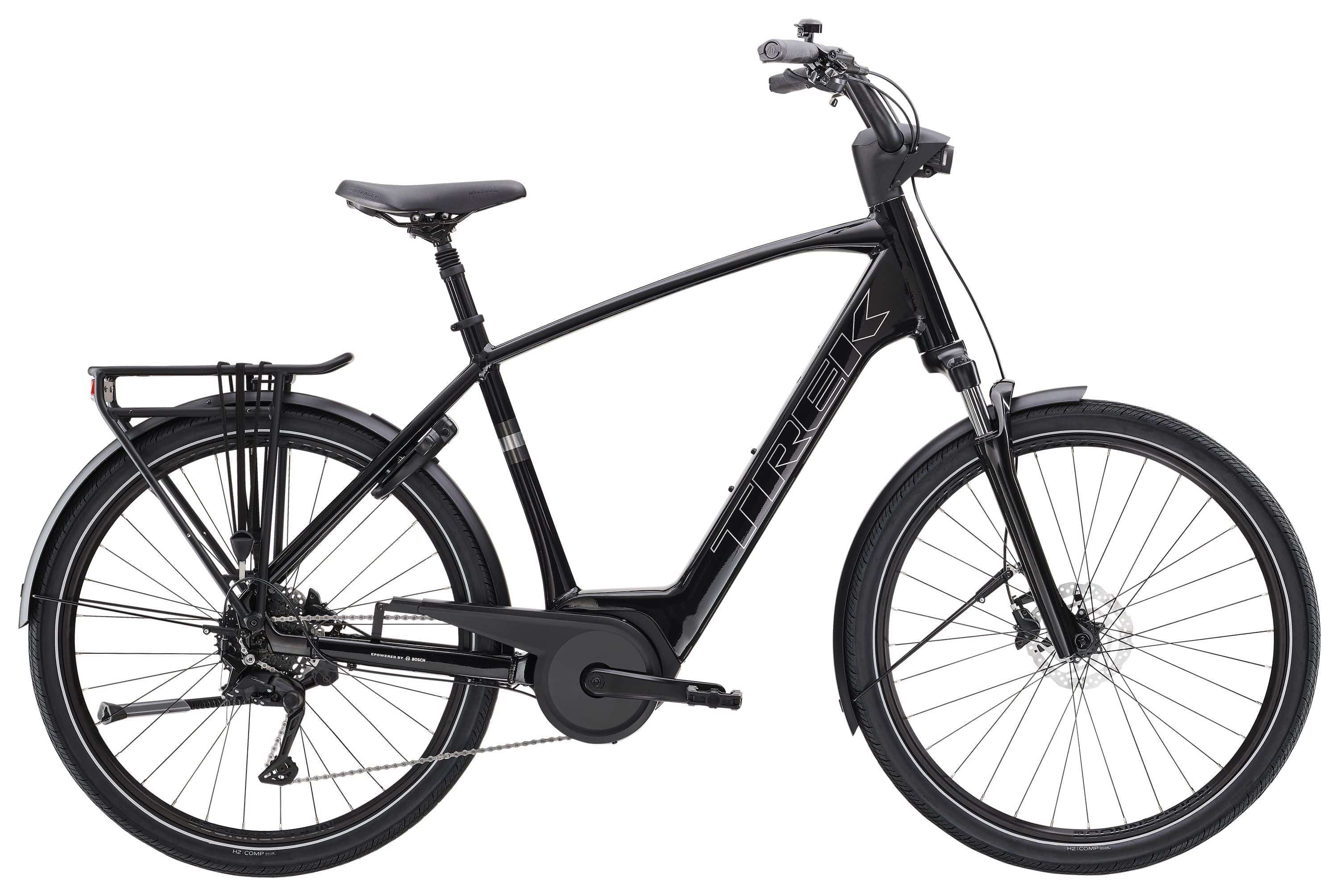 Trek Verve+ 2 Gen 3 2025 electric hybrid bike with comfortable frame and versatile design, shown outdoors on a scenic path.