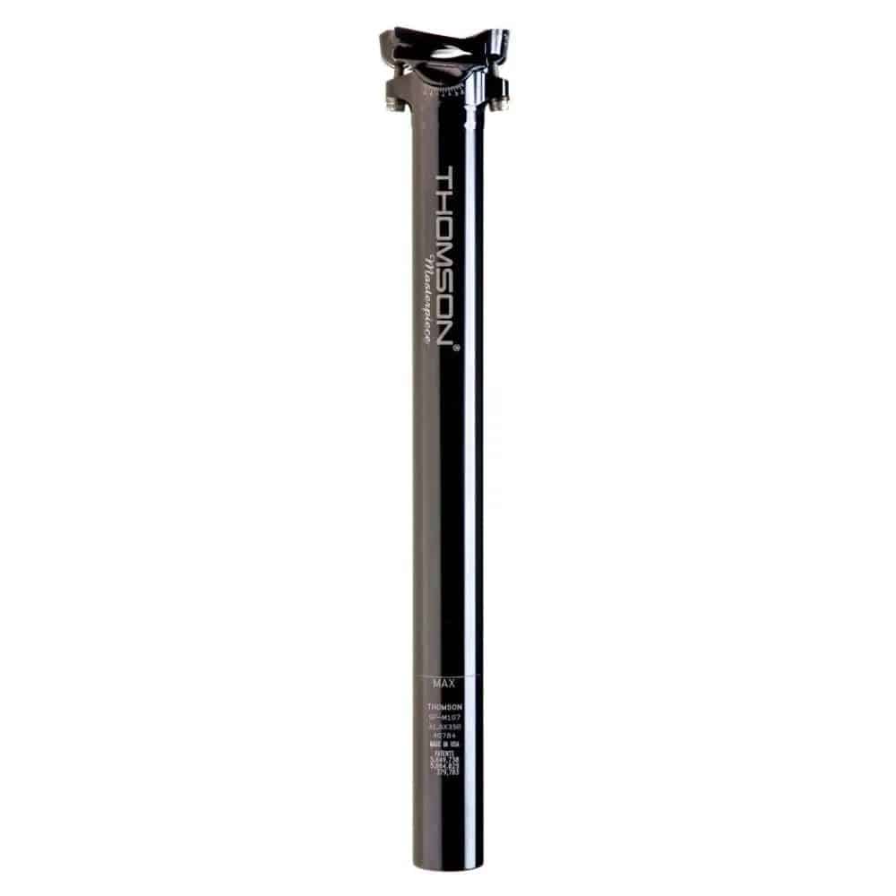 Thomson Masterpiece inline MTB seatpost with durable construction and infinite tilt adjustment, mounted on a bike component.