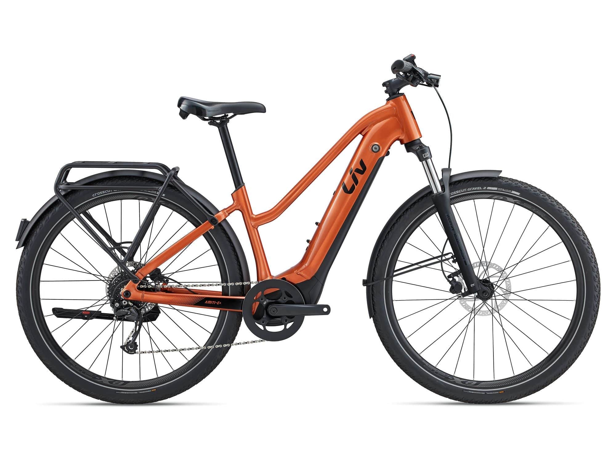 Liv Amiti E+ 2 women’s 2023 e-hybrid bike with Shimano Alivio drivetrain and sleek frame, ready for urban commuting and cycling adventures.