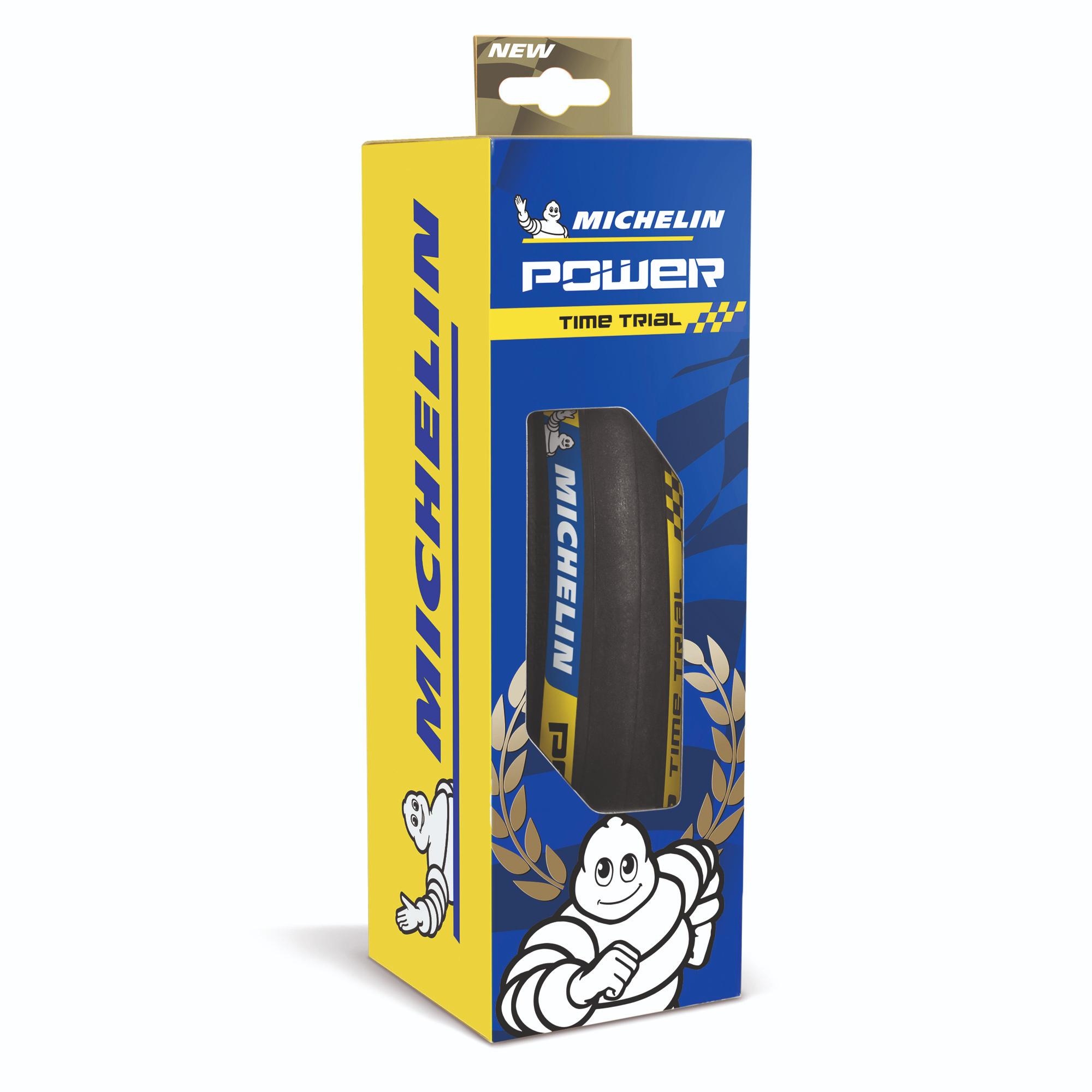 Michelin Power Time Trial high performance road cycling tyre showing sleek black tread and sidewall for speed and control