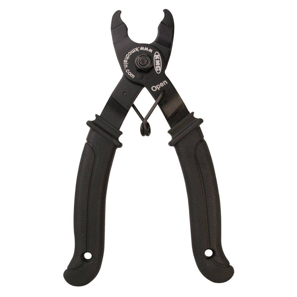 KMC workshop missing link remover pliers for precise chain link maintenance, showing the tool in hand with a bicycle chain.