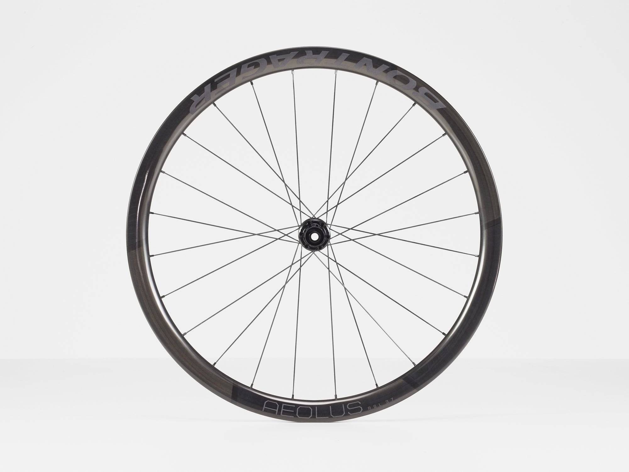 Bontrager Aeolus RSL 37 tubular disc road wheels with DT Swiss 240s hubs, showing sleek aerodynamic design and carbon rims.
