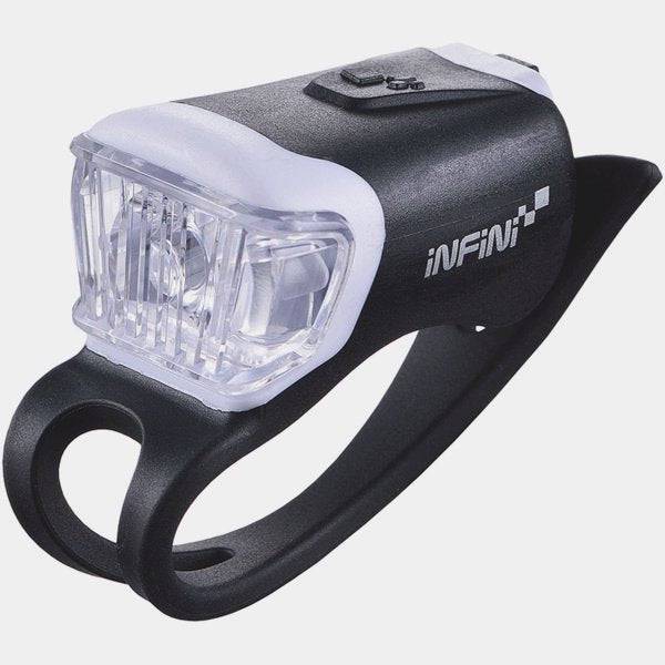 Black Infini Orca USB rechargeable front bike light with silicone mount, designed for safe cycling visibility.