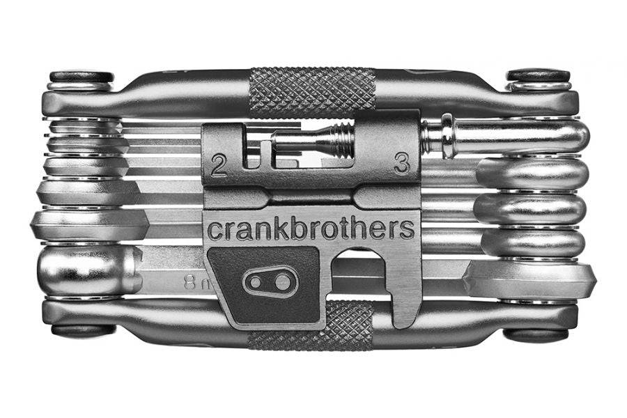 Crank Brothers Crank Brothers Tool Multi 17, compact 17-in-1 bike repair multi-tool for workshop use, showing various tools laid out.