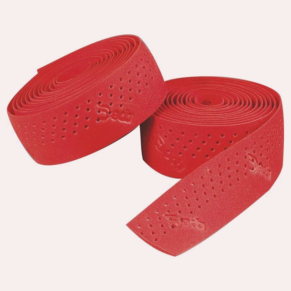 Deda Elementi perforated bar tape with end plugs and finishing tape for cycling handlebars, featuring textured surface.