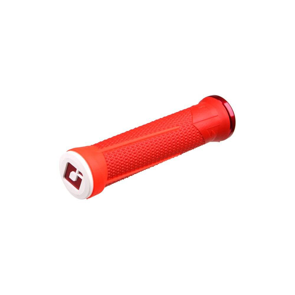 ODI AG Lock-On grips for downhill racing and mountain biking, black rubber grips with locking mechanism, mounted on bike handlebars.