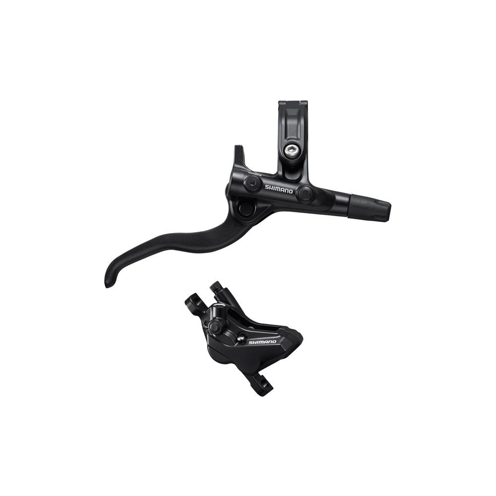 Shimano Deore hydraulic disc brake lever and 4-piston calliper set, mountain bike components, black finish, for reliable stopping power.