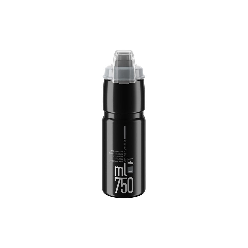 Elite Jet biodegradable MTB water bottle with high flow valve, durable eco-friendly cycling accessory, shown with cap and branding.