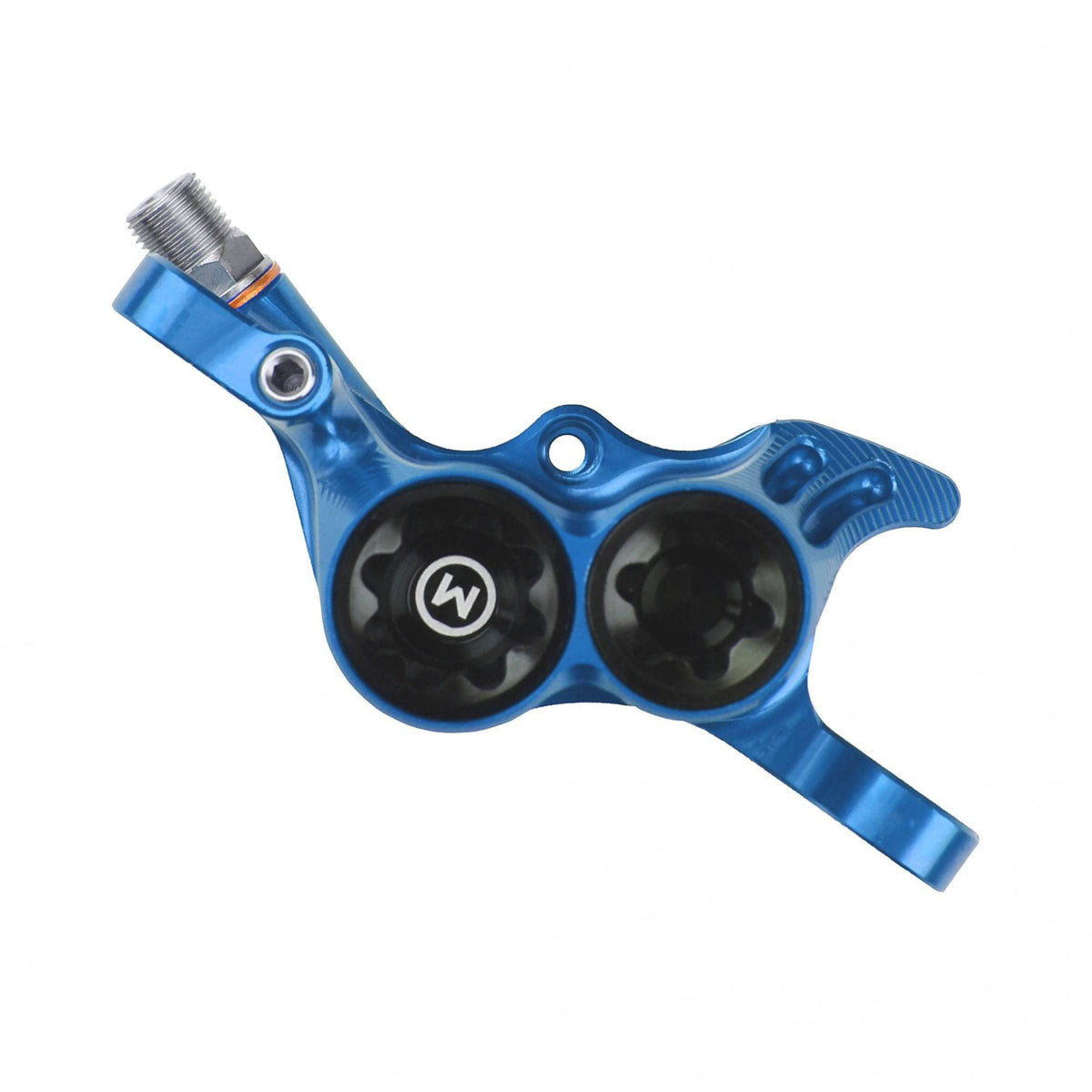 Hope Rx4+ post mount caliper for mountain bike brakes, showing the complete component with mounting hardware and brake pads.