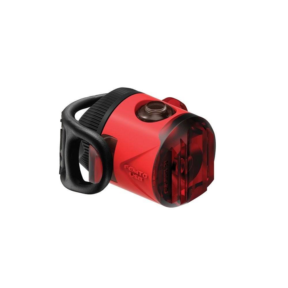 Lezyne Femto USB rear LED bike light with waterproof design and wide-angle optics, mounted on a bicycle for visibility.