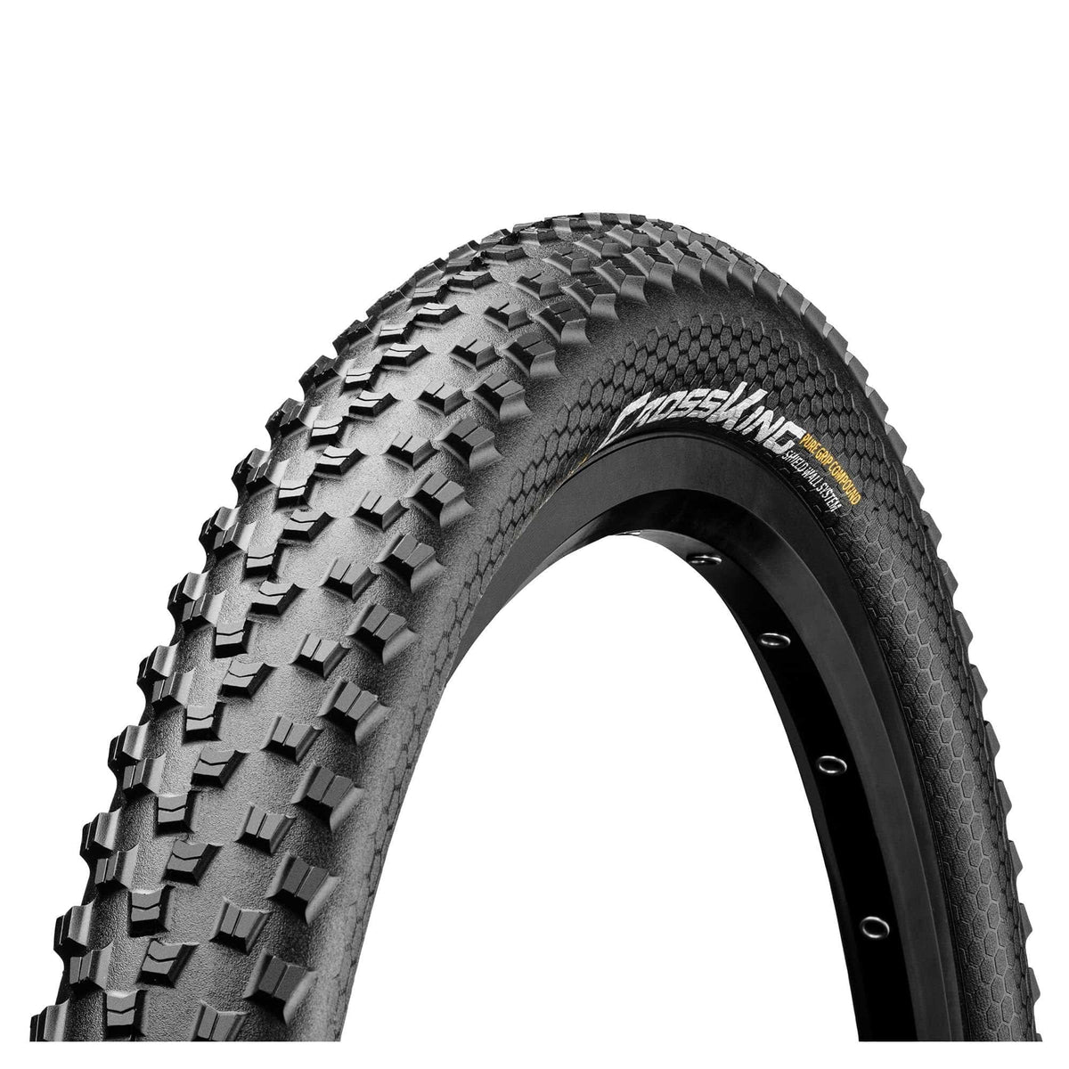 Continental Cross King Shieldwall foldable mountain bike tyre showing tread pattern with Puregrip and BlackChili compound.