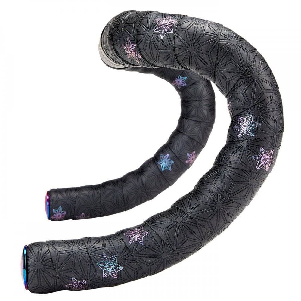 Supacaz Sticky Kush Galaxy cycling handlebar tape with high grip and shock absorption, shown wrapped around bike handlebars.