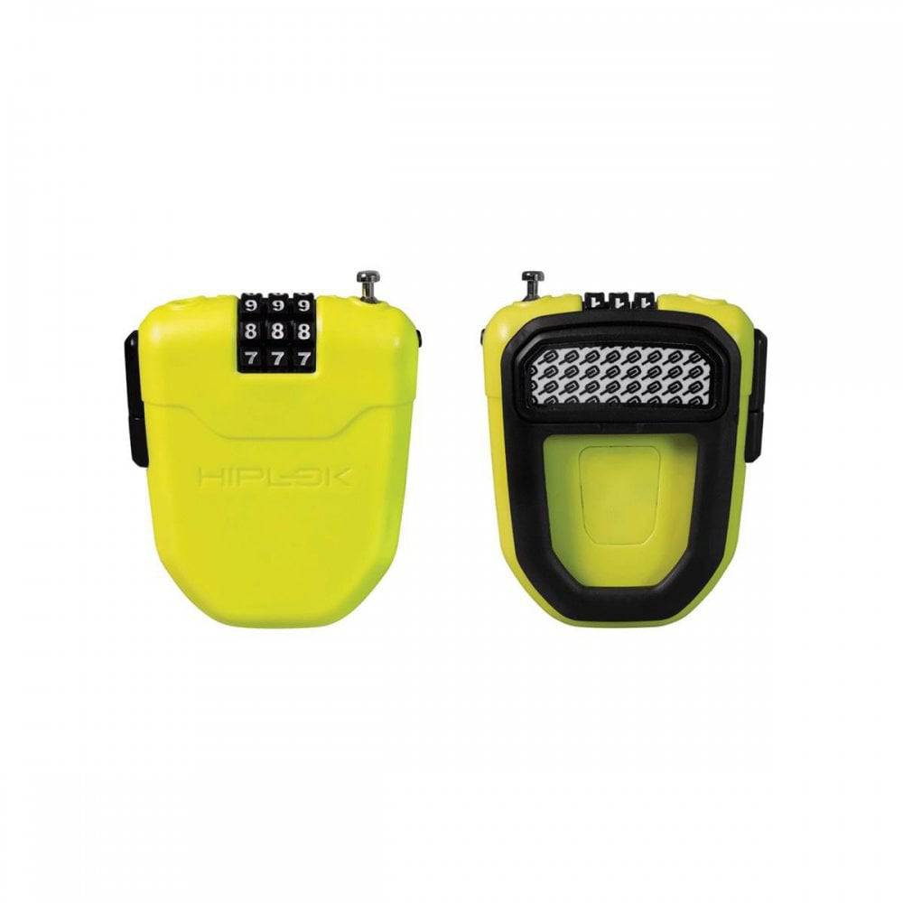 Hiplok FX wearable retractable cable lock with combination, designed for cyclists, shown coiled with adjustable strap and locking mechanism.