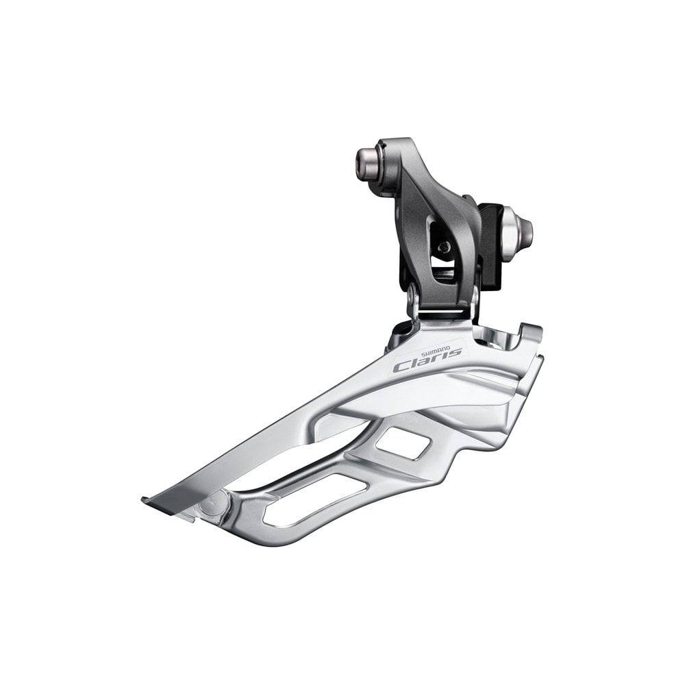 Shimano Claris FD-R2030 8-Speed front derailleur for road bike triple chainsets, mounted on a bike frame.
