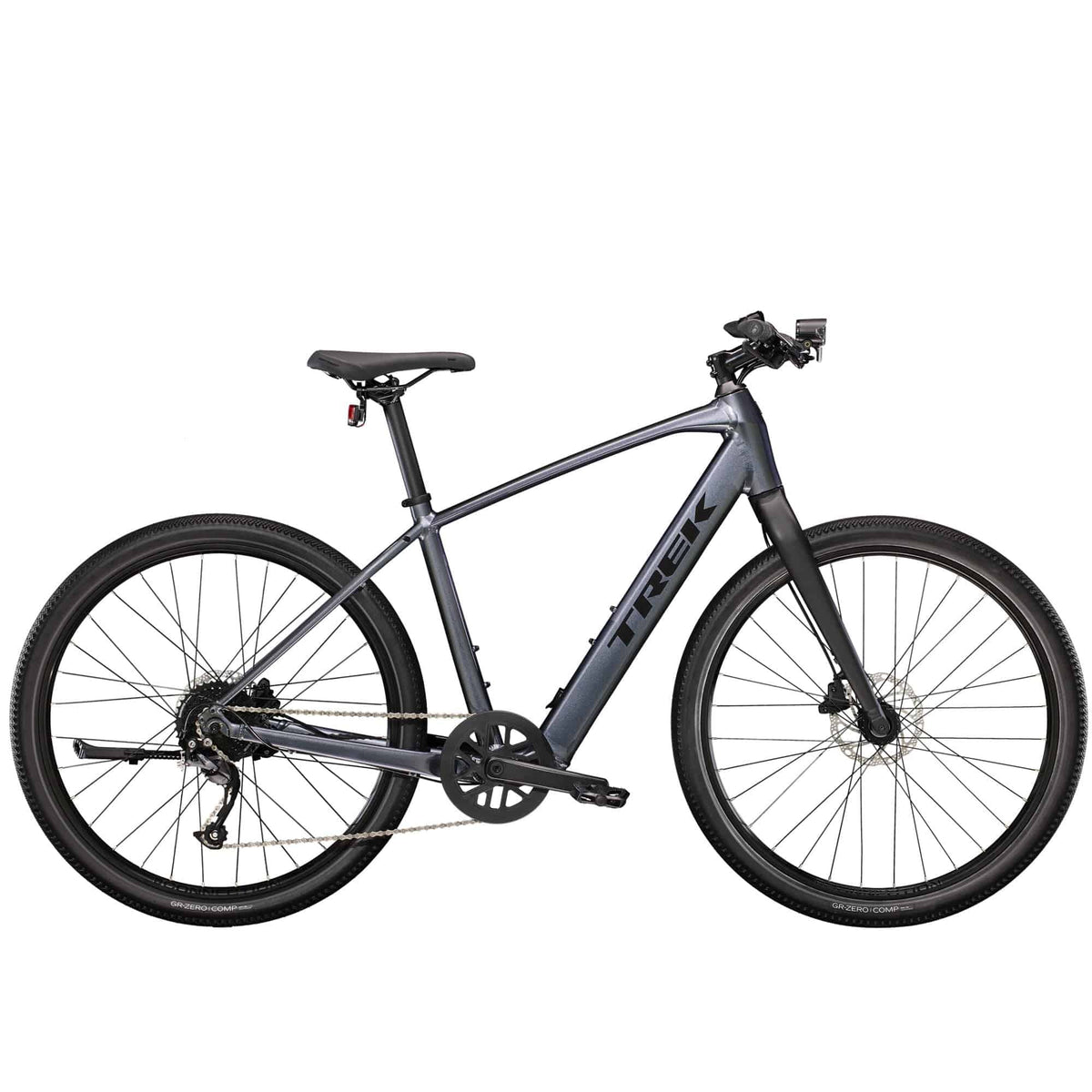 Trek Dual Sport+ 2 e-hybrid bike with HyDrive pedal assist, equipped with versatile accessories for versatile riding.