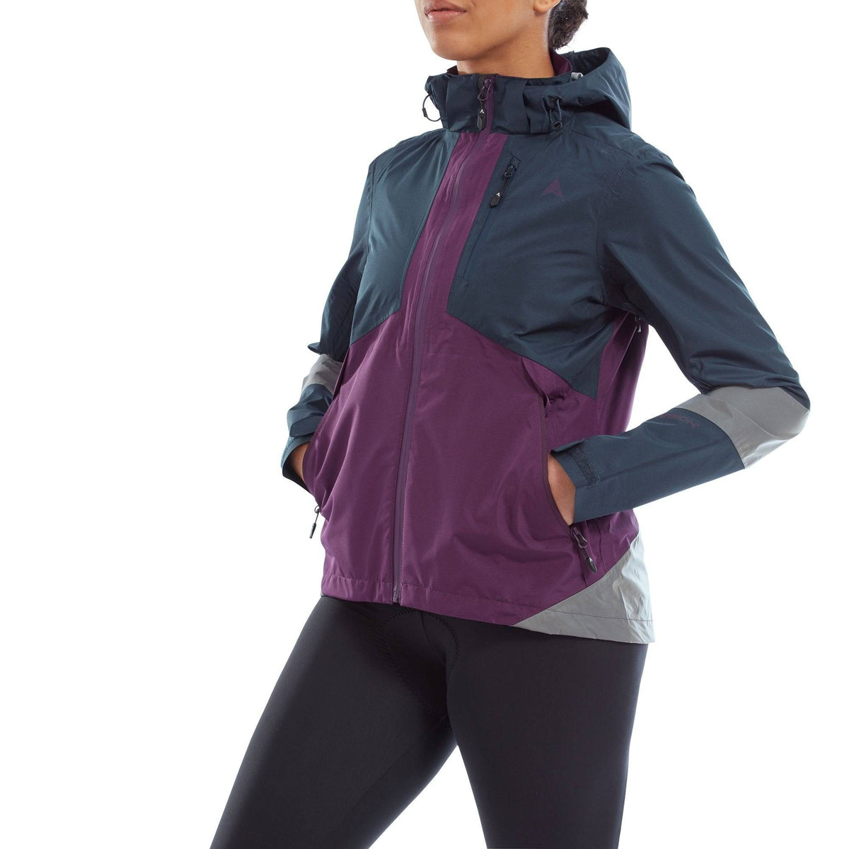 Altura Nightvision Typhoon women's waterproof cycling jacket with reflective panels, featuring a hood and breathable fabric.