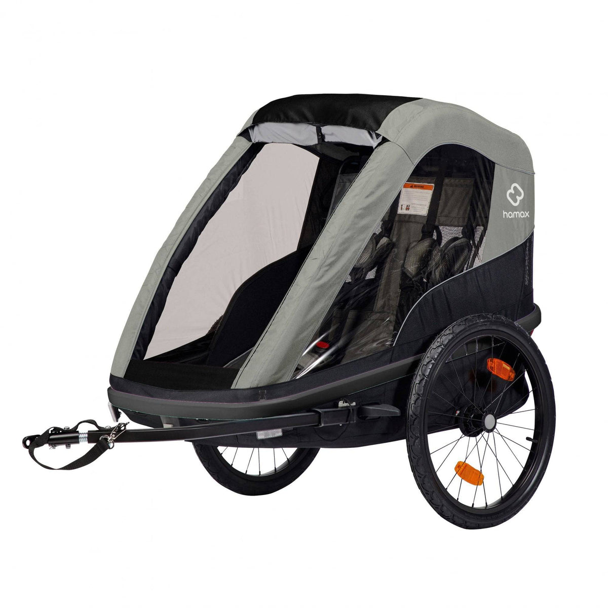 Hamax Avenida One child bike trailer and stroller with safety harness and durable fabric, designed for toddler transportation.