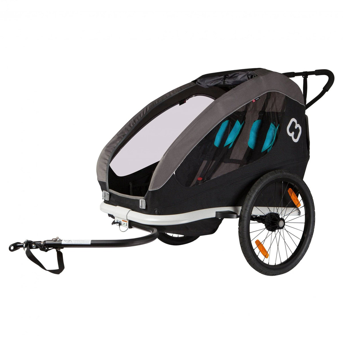 Hamax Traveller Twin Child Bike Trailer with stroller conversion and storage, featuring safety harnesses and durable frame.
