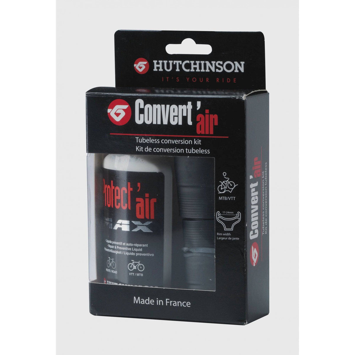 Hutchinson Convert'Air tubeless conversion kit with Vegaprene rim tapes for tubetype rims, including valves and installation components.