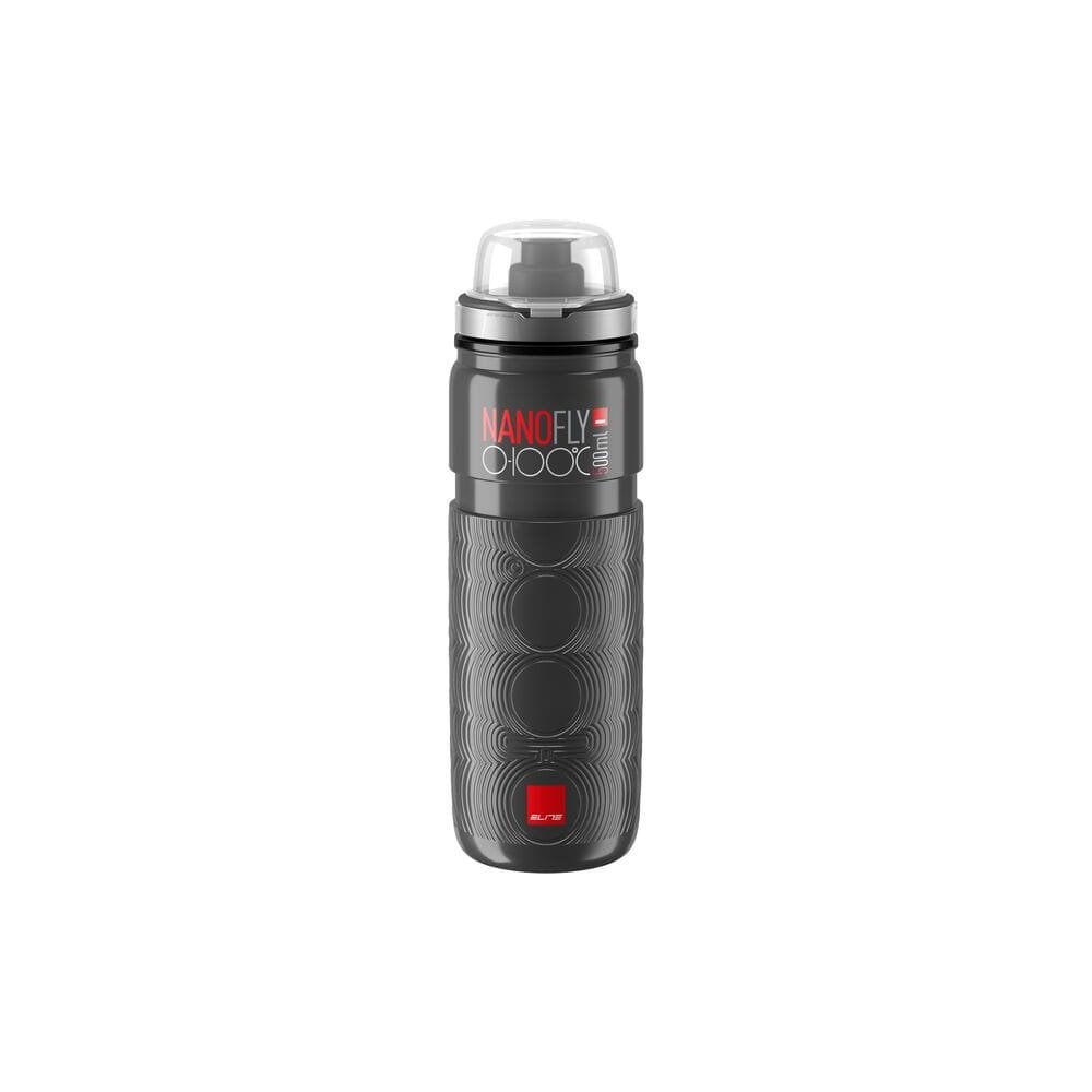 Elite Bottles Nano Fly 0-100 MTB cap thermal bottle with black lid and sleek design, featuring insulation for up to 4 hours.