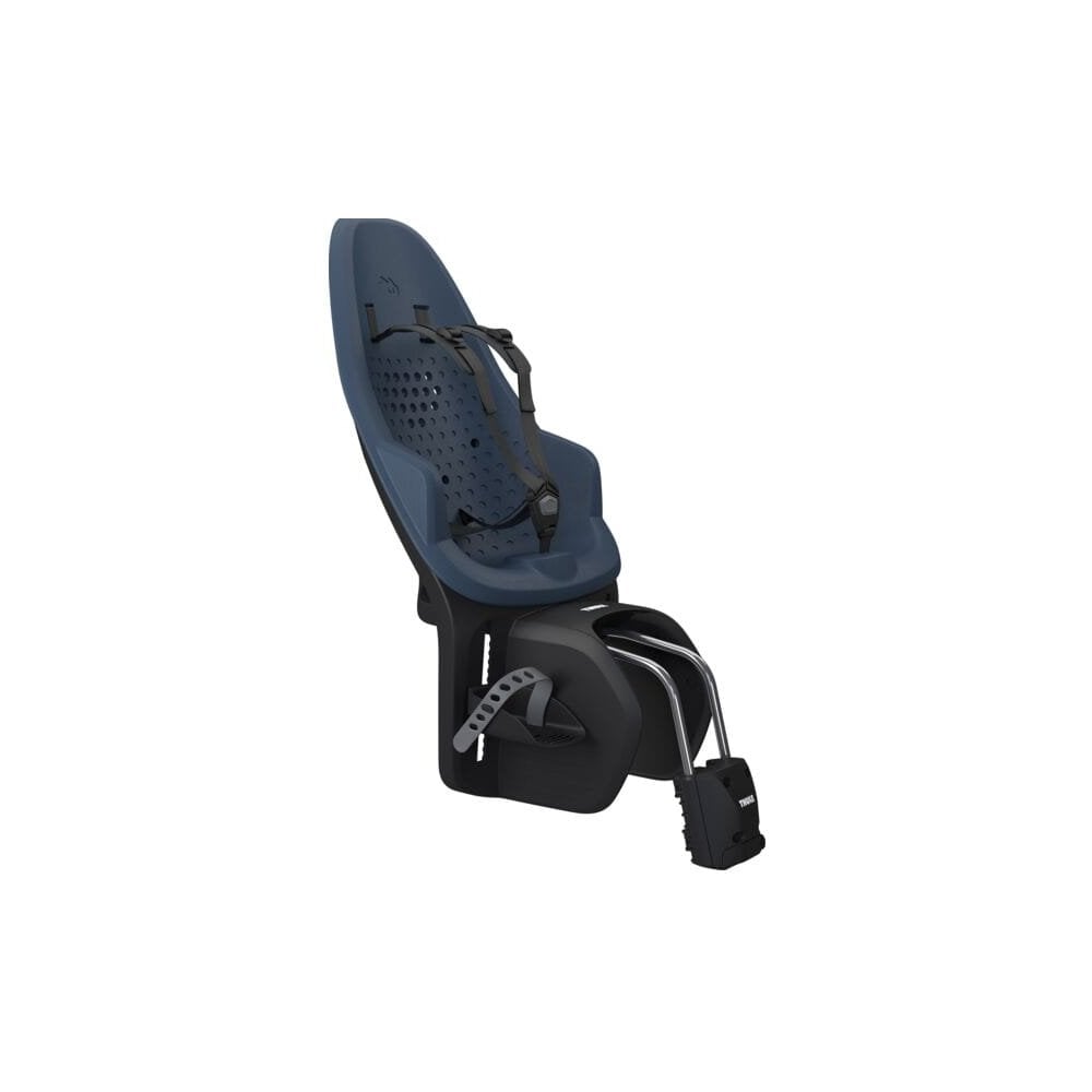Thule Yepp 2 Maxi child seat rear mount with safety harness on bike tube, designed for secure bike seat installation.