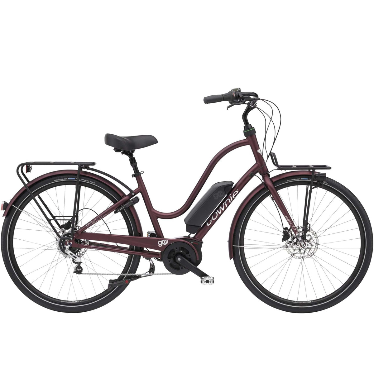 Electra Townie Commute Go! 5i EQ step-thru e-hybrid bike with Bosch motor and integrated racks, ideal for urban commuting.