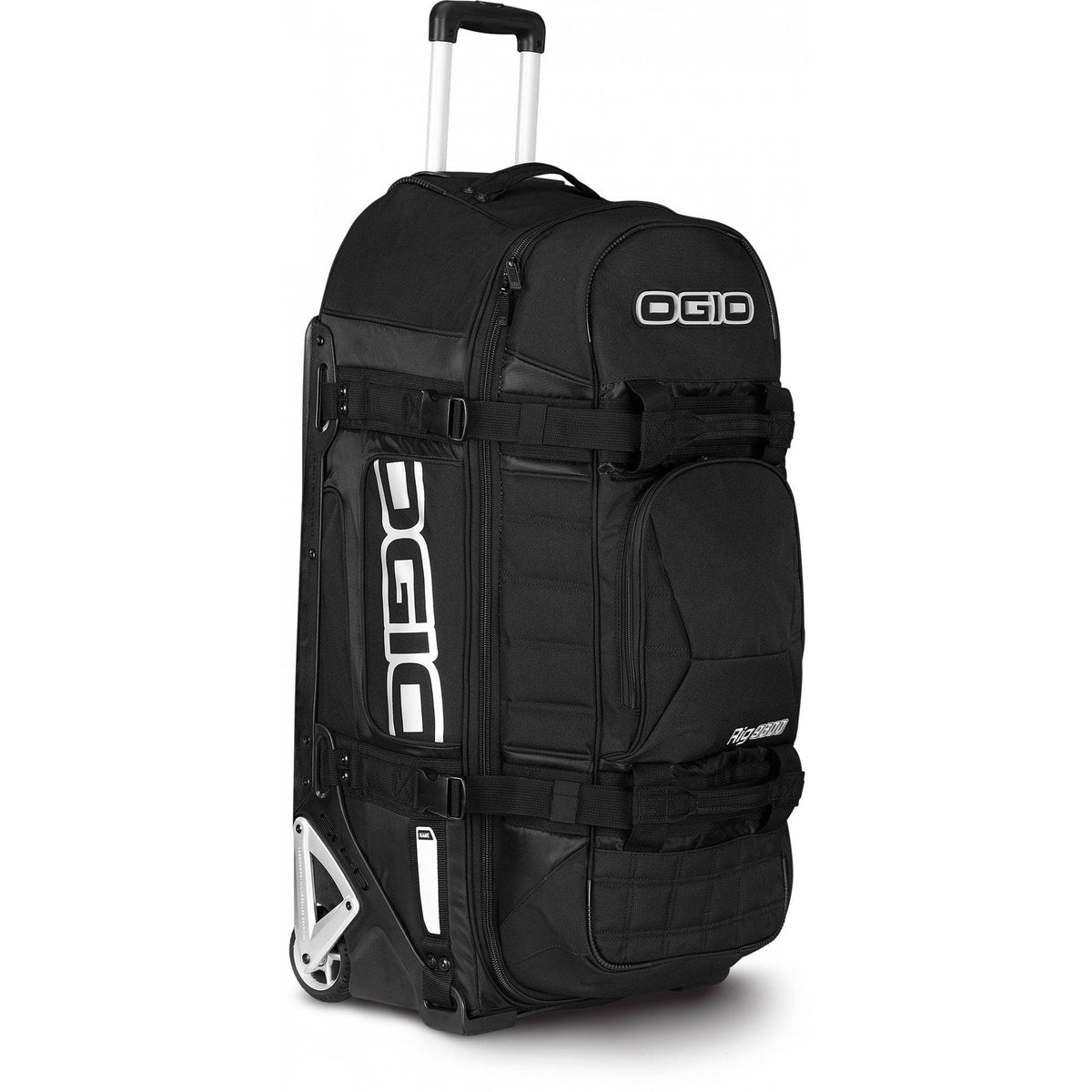 OGIO Travel Rig 9800 wheeled gear bag with foam padding and oversized wheels, designed for durable travel accessories.