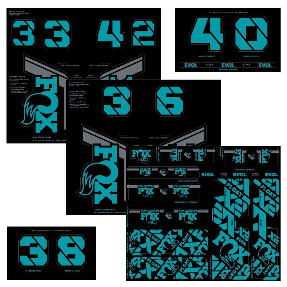 Fox Fork & Shock AM Custom Decal Kit 2021 for FOX suspension components, featuring colorful decals and branding details.