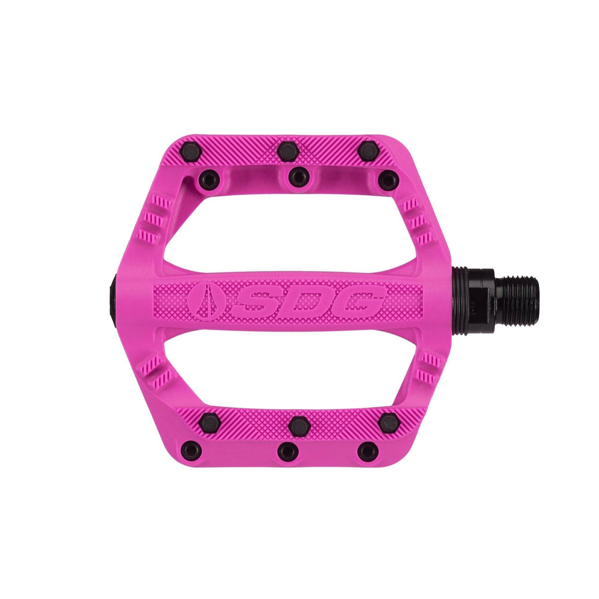 SDG Slater Jr flat bike pedals with replaceable steel pins for kids' bikes, durable components for safe riding.