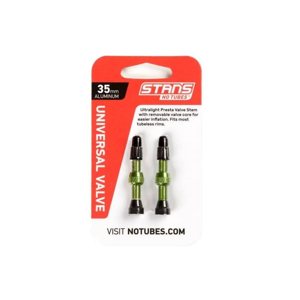 Pair of Stan's No Tubes Presta valve stems made from aluminum, tubeless compatible, designed for bicycle wheel components.