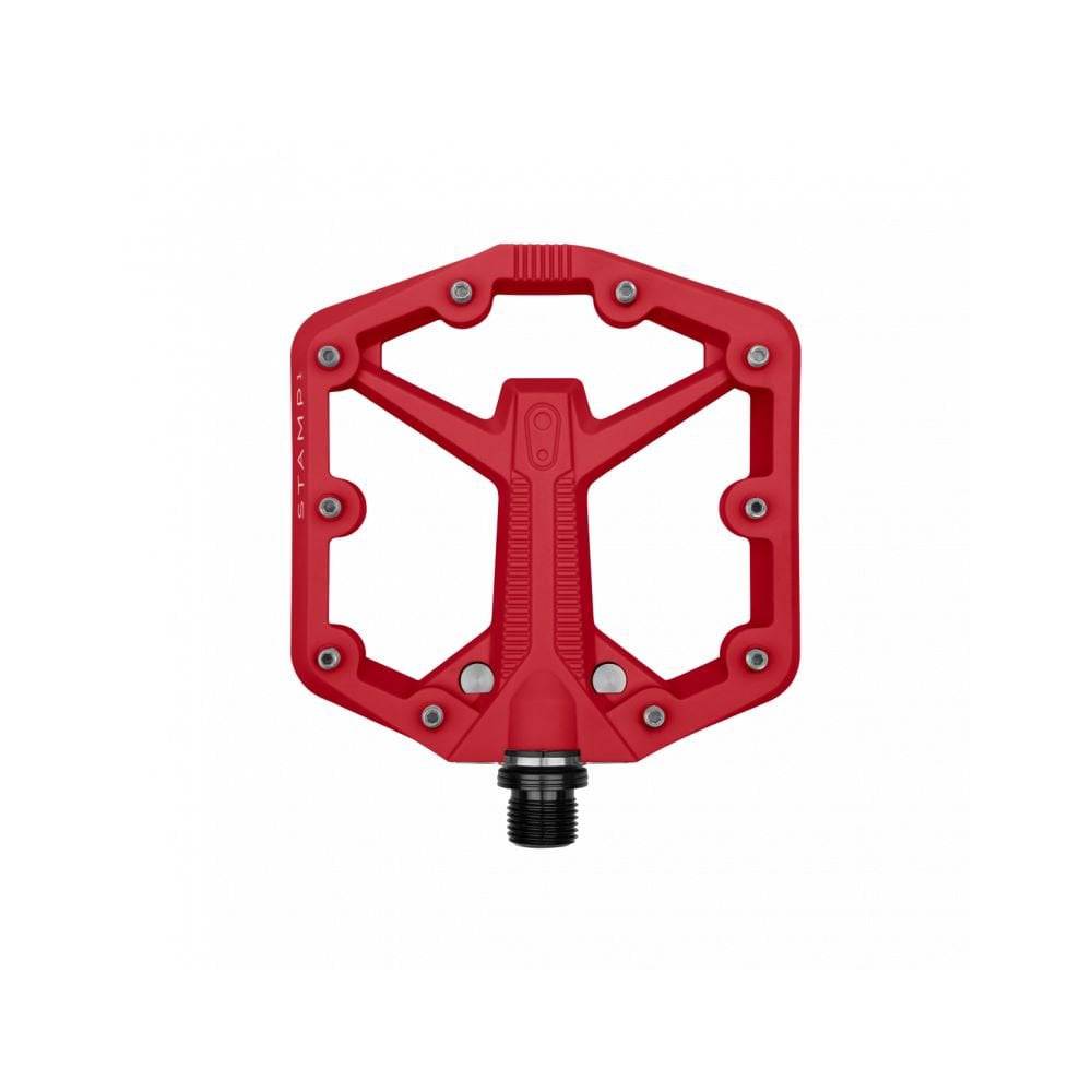 Crank Brothers Stamp 1 Gen 2 flat pedal showing size-specific platform and durable seals for mountain biking components.