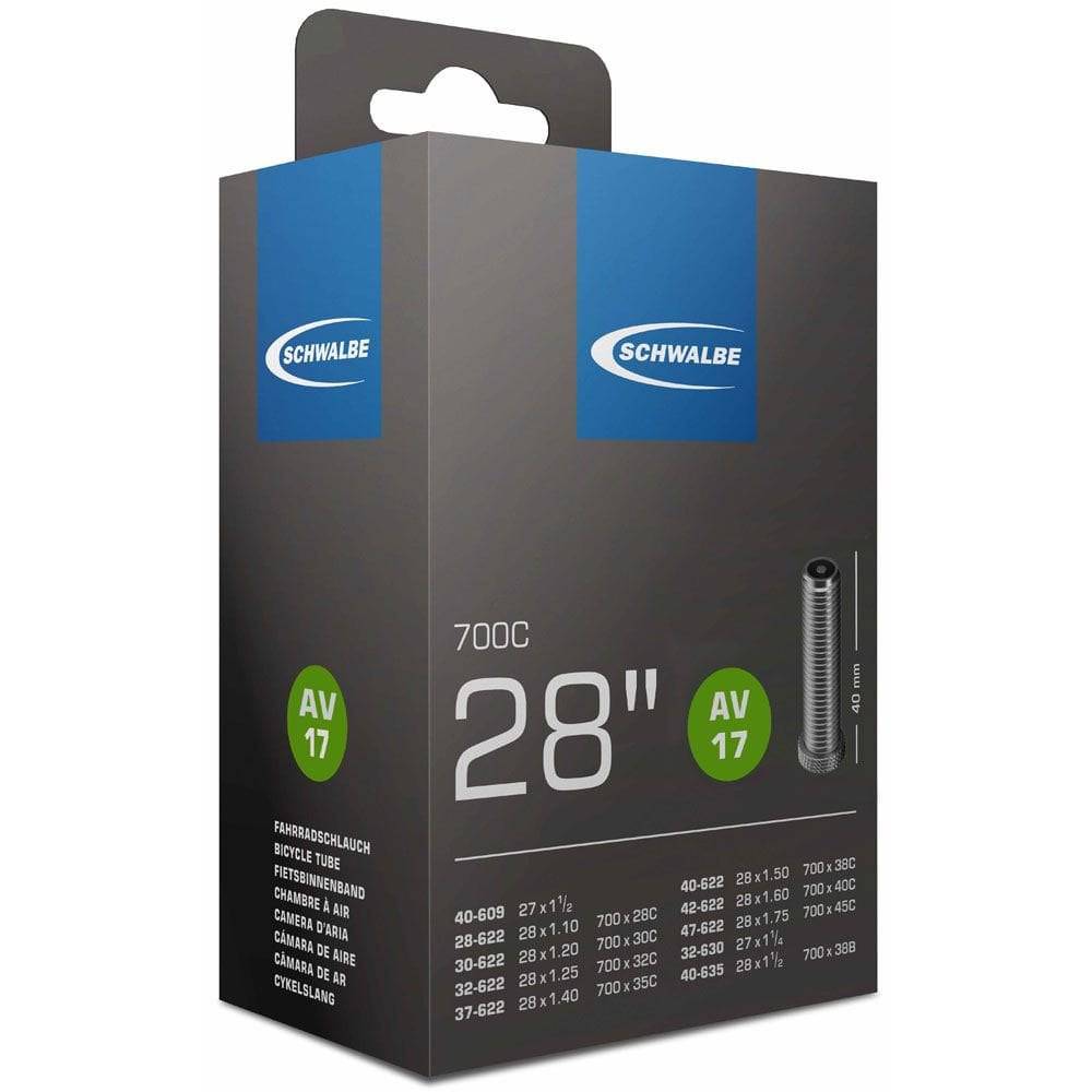 Schwalbe AV inner tube with Schrader valve, leak-tested, durable, recyclable bicycle component for reliable performance.