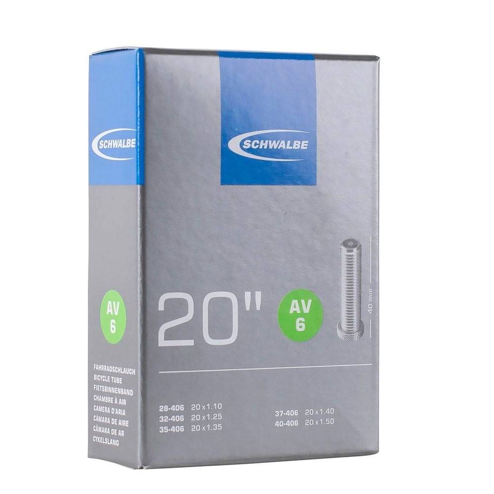 Schwalbe AV inner tube with Schrader valve, leak-tested and durable bicycle components, recyclable for reliable cycling performance.