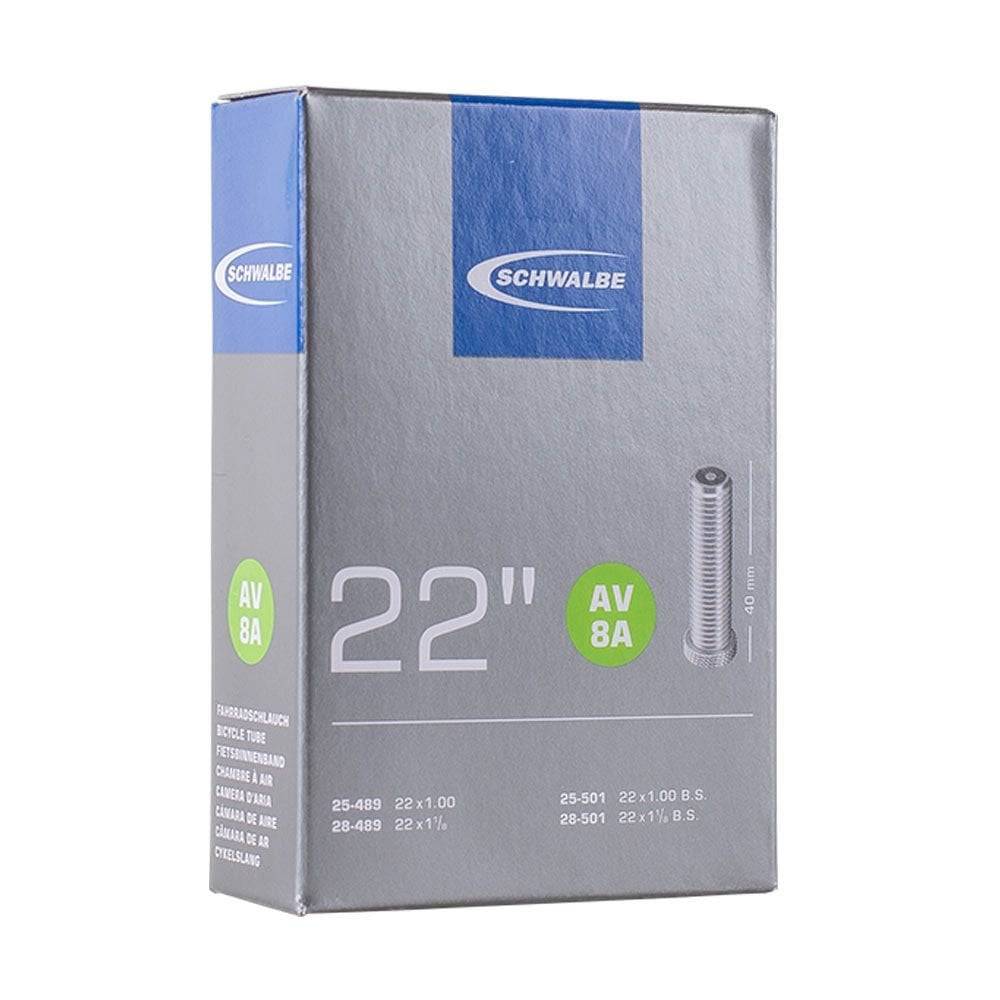 Schwalbe AV inner tube with Schrader valve, leak-tested and durable, recyclable bicycle component for reliable riding performance.