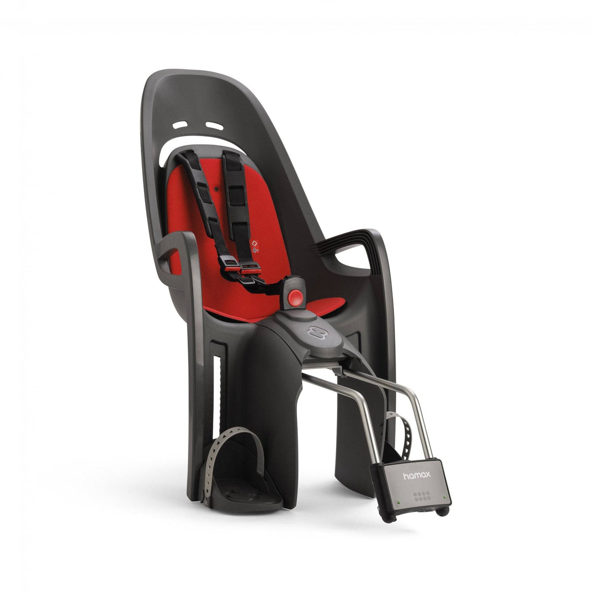 Hamax Zenith child bike seat with shock absorption and reflectors, designed for safe and comfortable outdoor cycling.